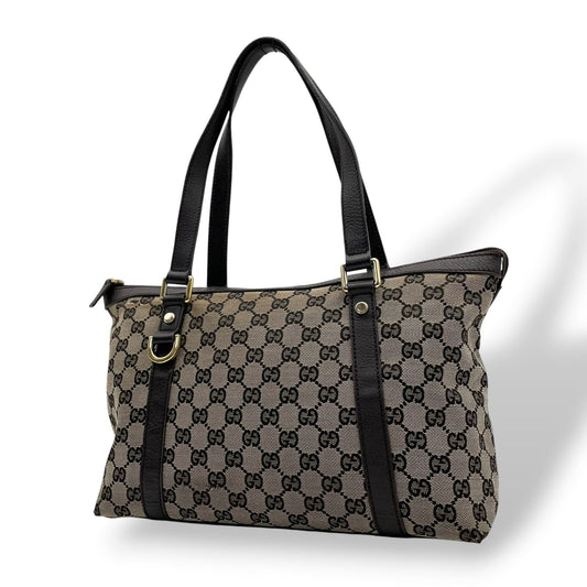 Gucci GG Canvas Leather Tote Shoulder Bag Gray Dark Brown Gold Charm