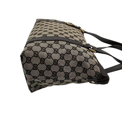 Gucci GG Canvas Leather Tote Shoulder Bag Gray Dark Brown Gold Charm — view 6
