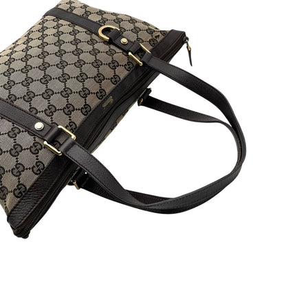 Gucci GG Canvas Leather Tote Shoulder Bag Gray Dark Brown Gold Charm — view 5