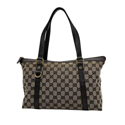 Gucci GG Canvas Leather Tote Shoulder Bag Gray Dark Brown Gold Charm — view 2