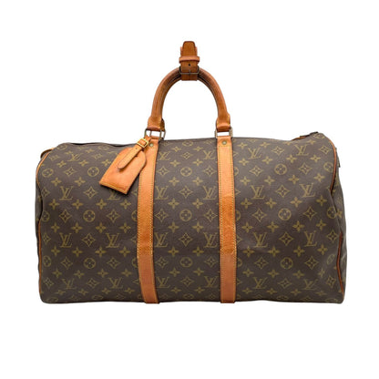 Louis Vuitton Keepall 50 Monogram Boston Bag Travel Leather Brown Gold Padlock — view 2