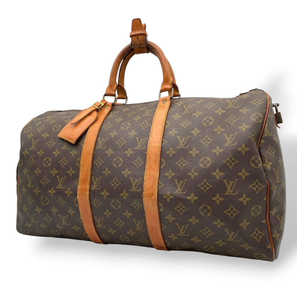 Louis Vuitton Keepall 50 Monogram Boston Bag Travel Leather Brown Gold Padlock