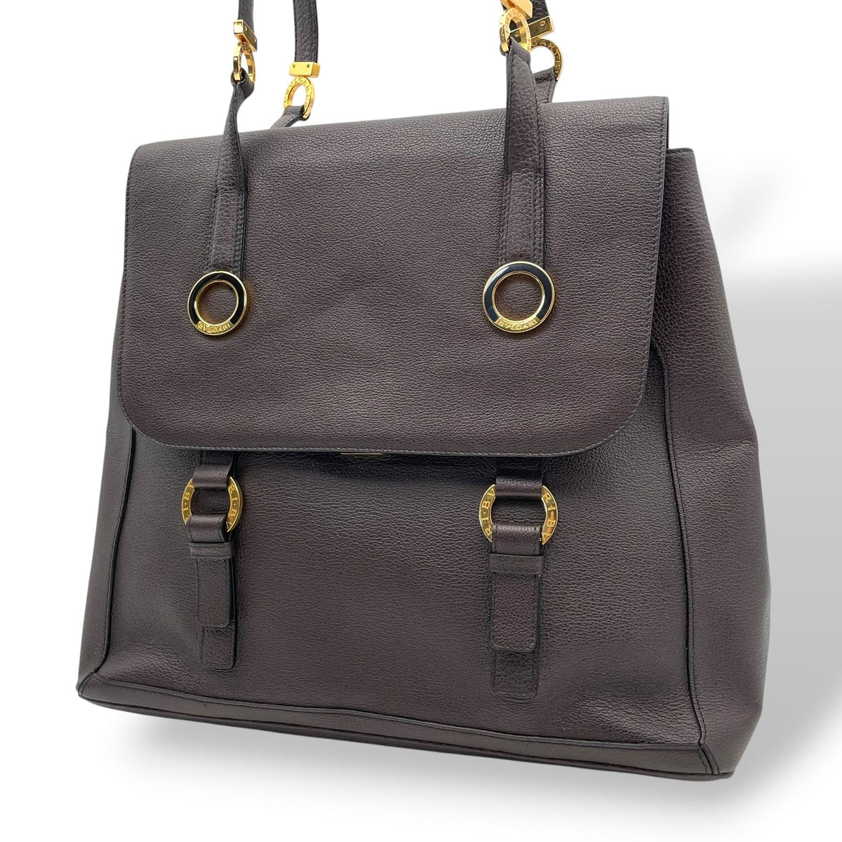 Bvlgari Tamara Tote Flap Circle Gray Leather Dark Brown Gold Vintage E5