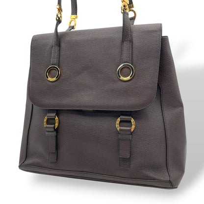 Bvlgari Tamara Tote Flap Circle Gray Leather Dark Brown Gold Vintage E5