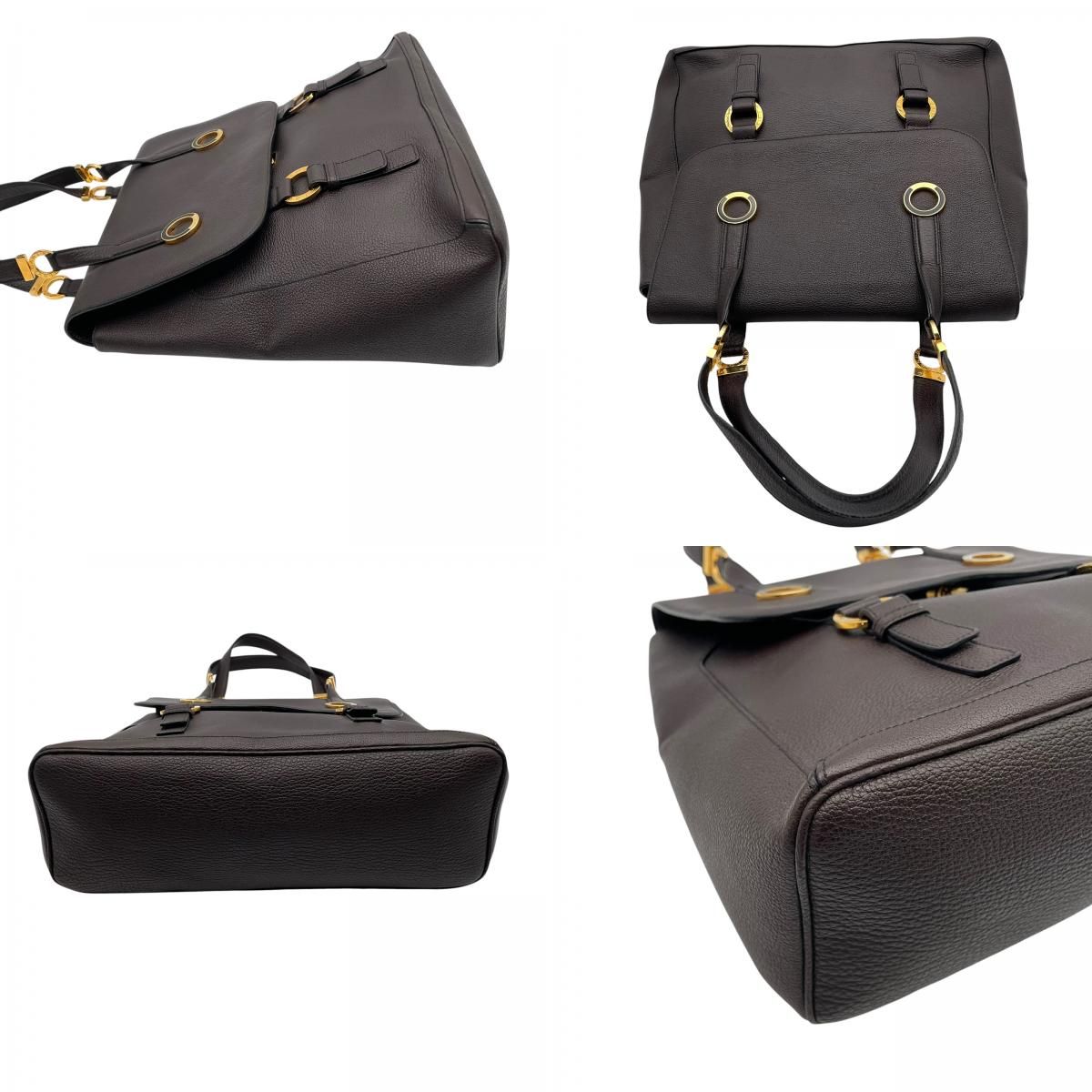 Bvlgari Tamara Tote Flap Circle Gray Leather Dark Brown Gold Vintage E5 — view 7