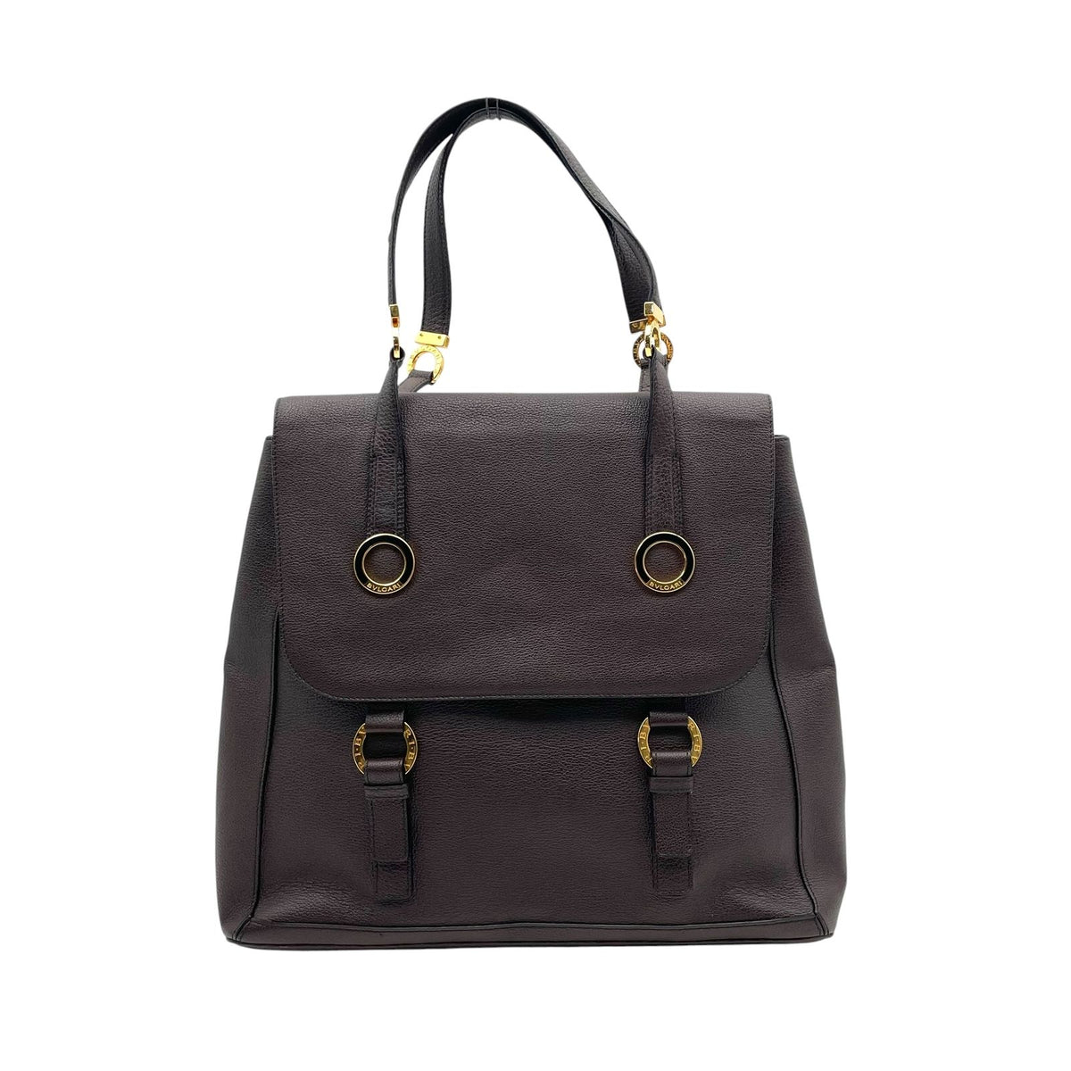 Bvlgari Tamara Tote Flap Circle Gray Leather Dark Brown Gold Vintage E5 — view 3