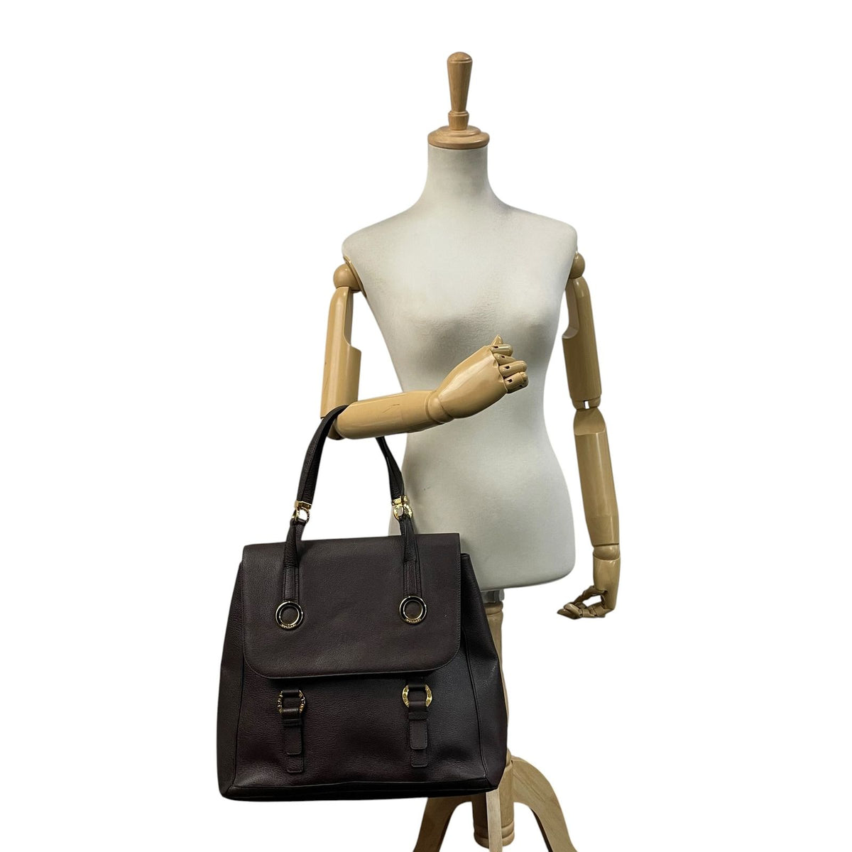 Bvlgari Tamara Tote Flap Circle Gray Leather Dark Brown Gold Vintage E5 — view 4