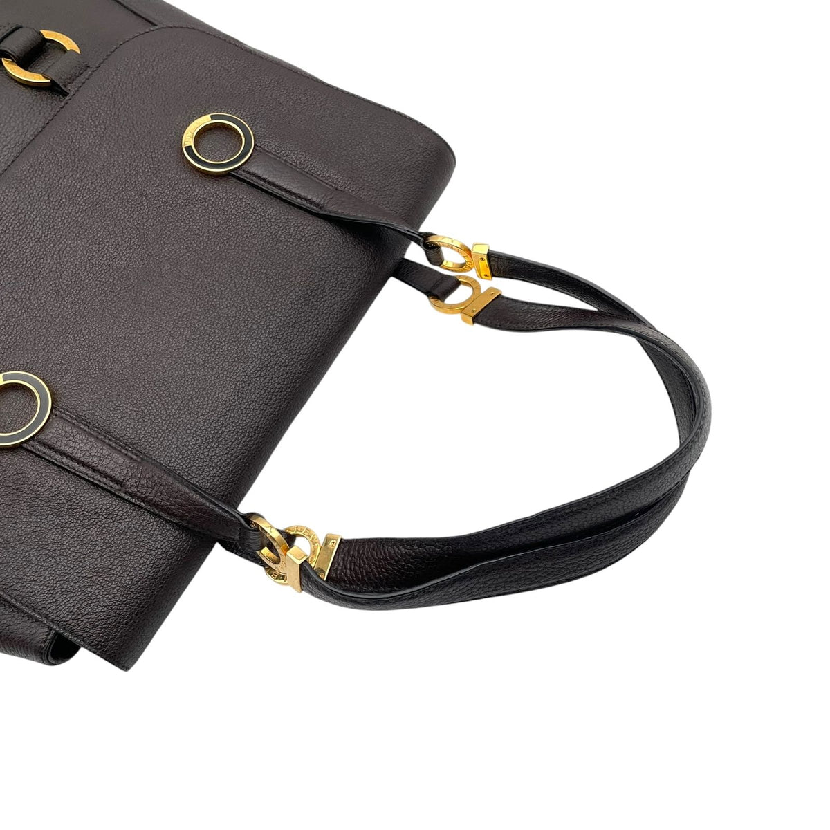 Bvlgari Tamara Tote Flap Circle Gray Leather Dark Brown Gold Vintage E5 — view 5