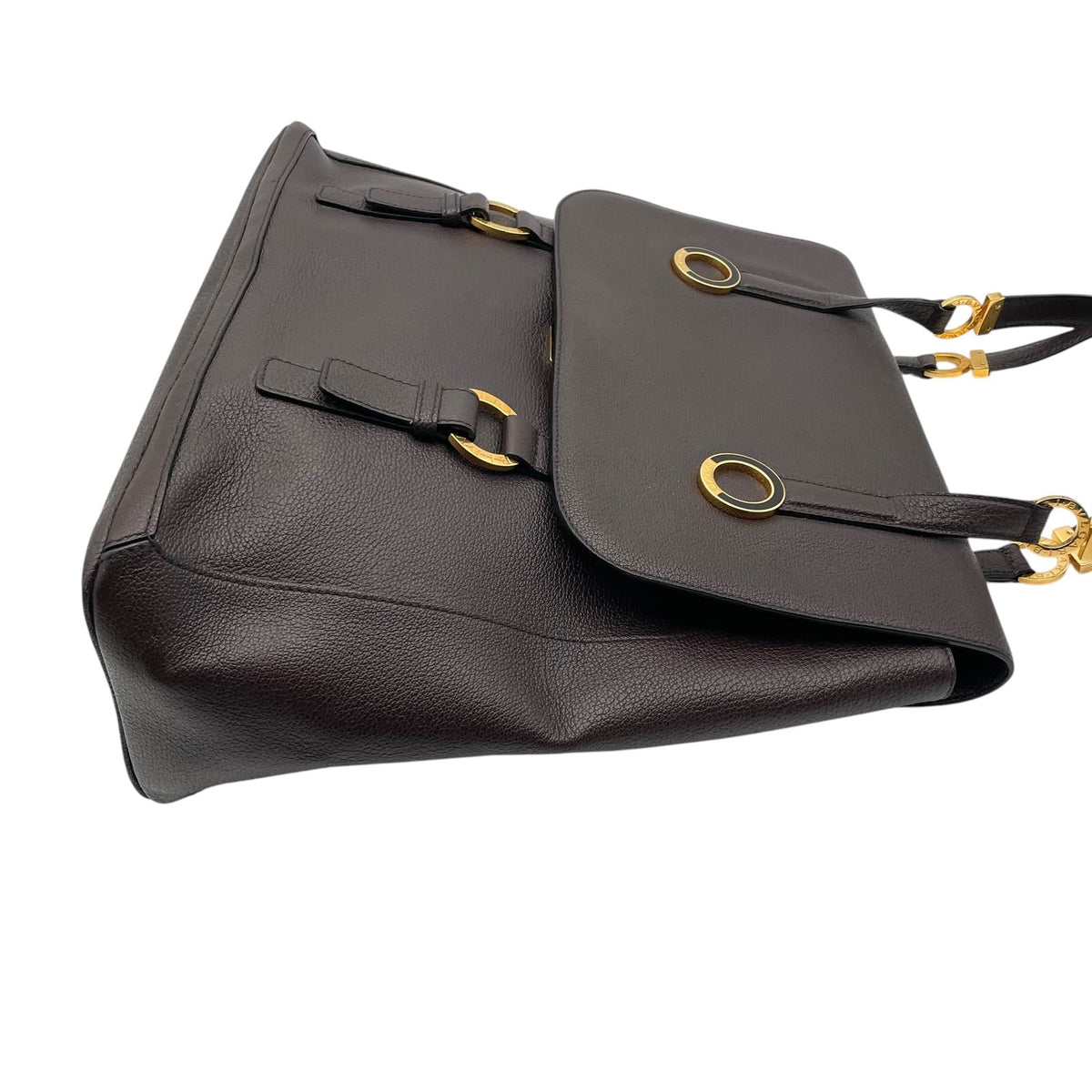 Bvlgari Tamara Tote Flap Circle Gray Leather Dark Brown Gold Vintage E5 — view 6
