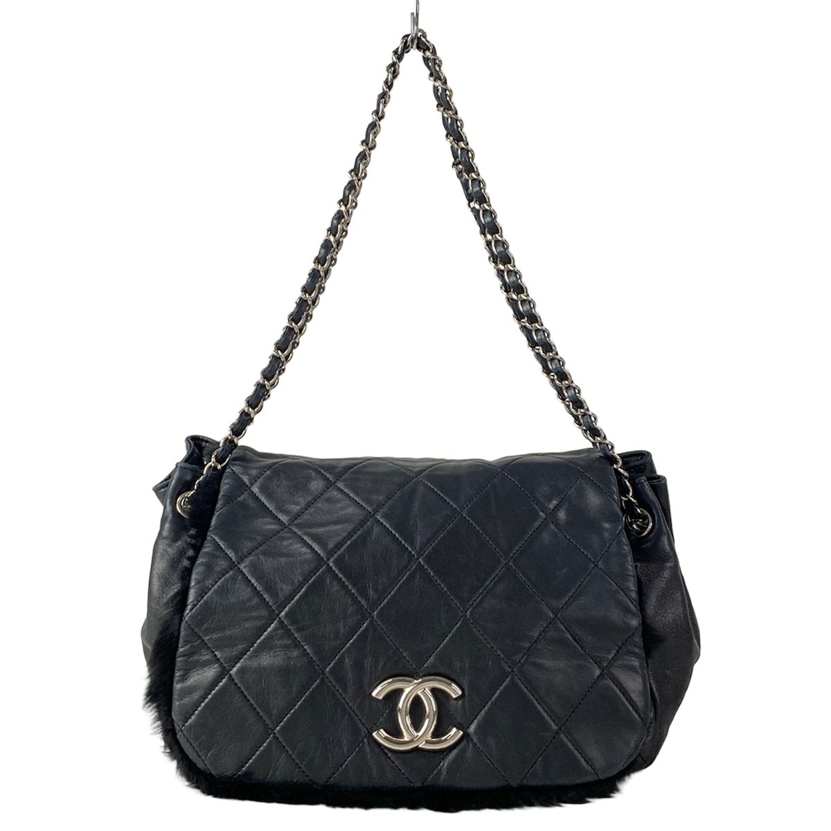 Chanel Shoulder Bag Quilted Black Silver Chain Lambskin