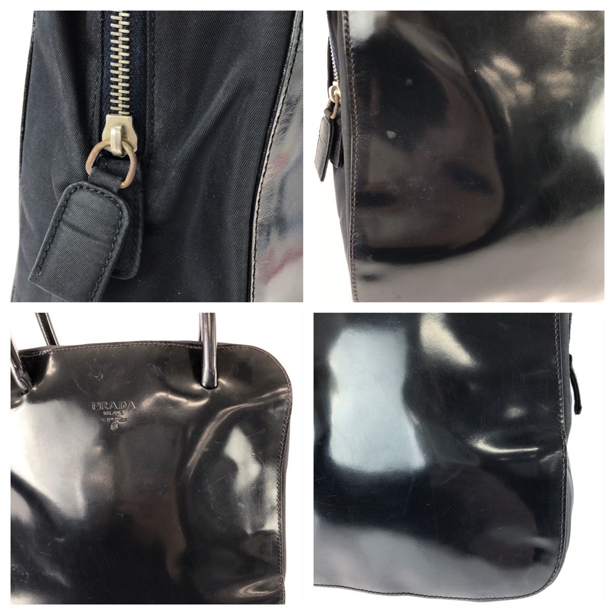 Prada Vintage Tessuto Black Silver Patent Leather Tote — view 5