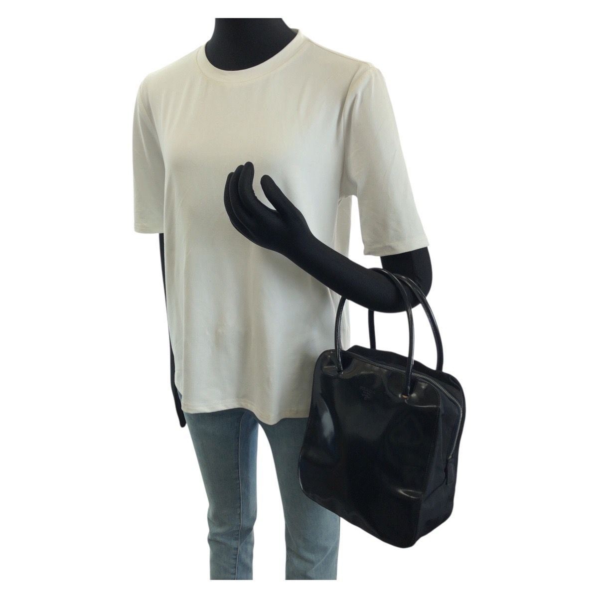 Prada Vintage Tessuto Black Silver Patent Leather Tote — view 7