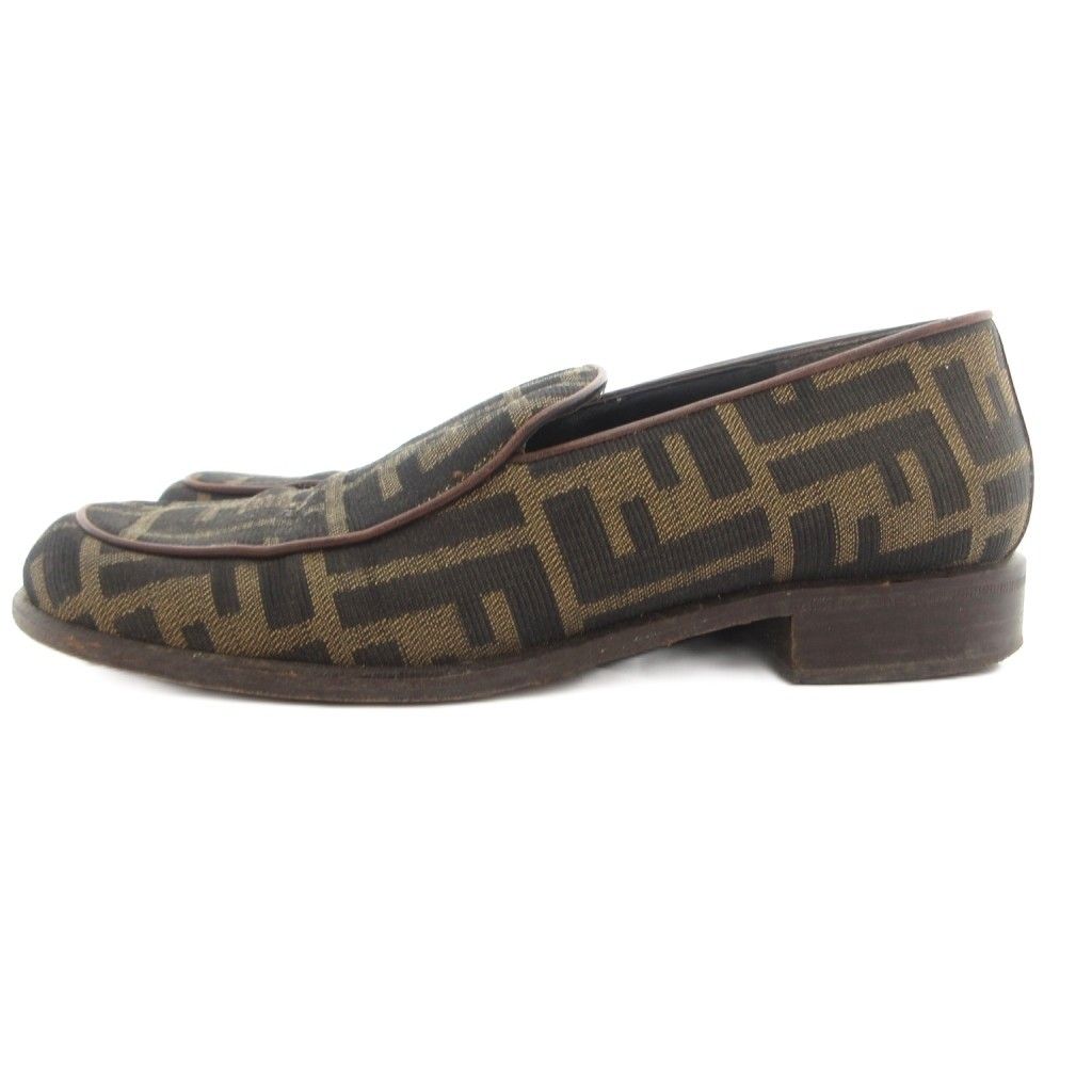Fendi Loafers Shoes Zucca Pattern Canvas Square Toe Brown Black — view 2