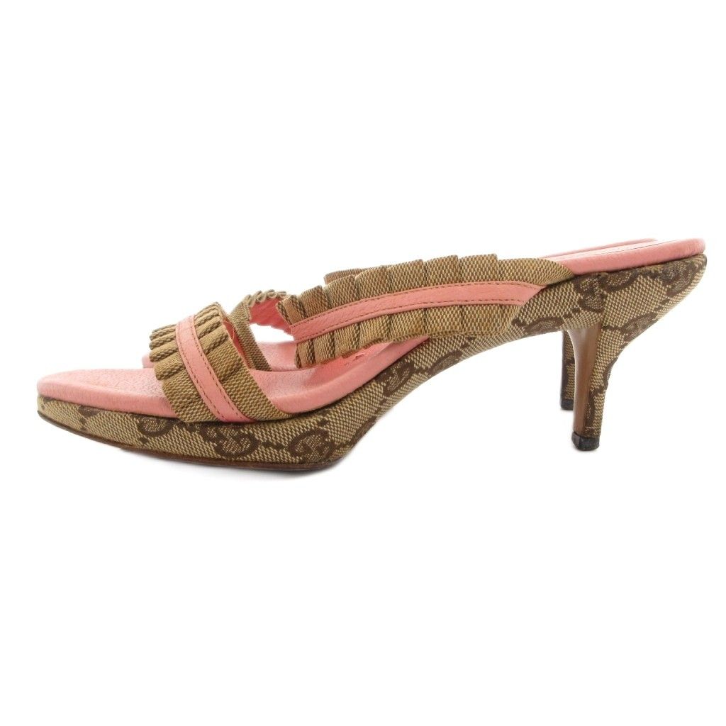 Gucci Sandals GG Pattern Ruffles Canvas Leather Pink Beige Heels — view 2