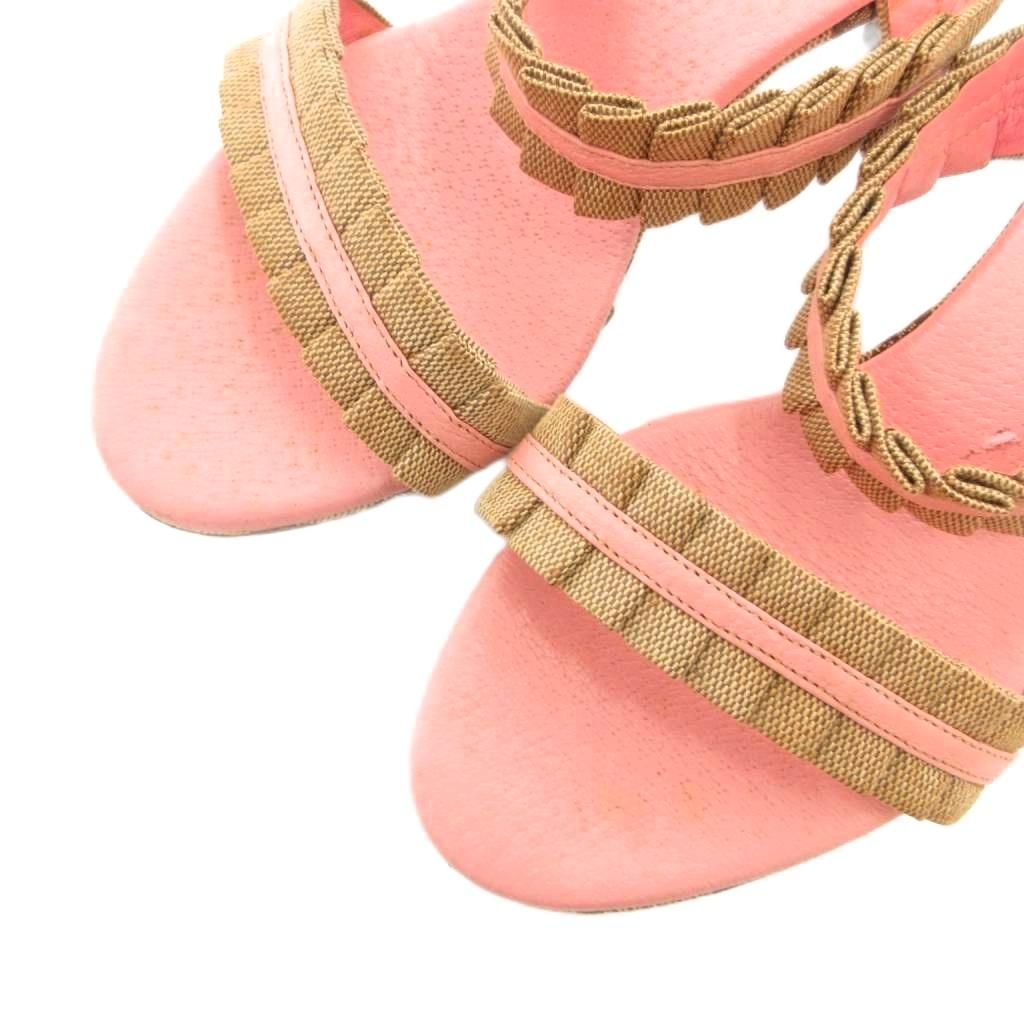 Gucci Sandals GG Pattern Ruffles Canvas Leather Pink Beige Heels — view 5