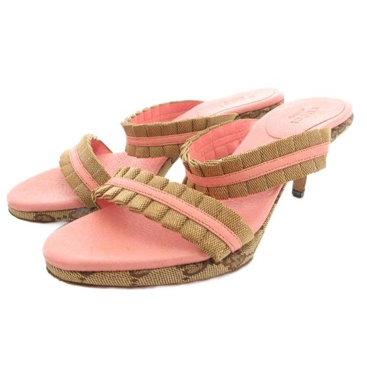Gucci Sandals GG Pattern Ruffles Canvas Leather Pink Beige Heels