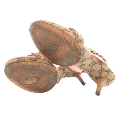Gucci Sandals GG Pattern Ruffles Canvas Leather Pink Beige Heels — view 6