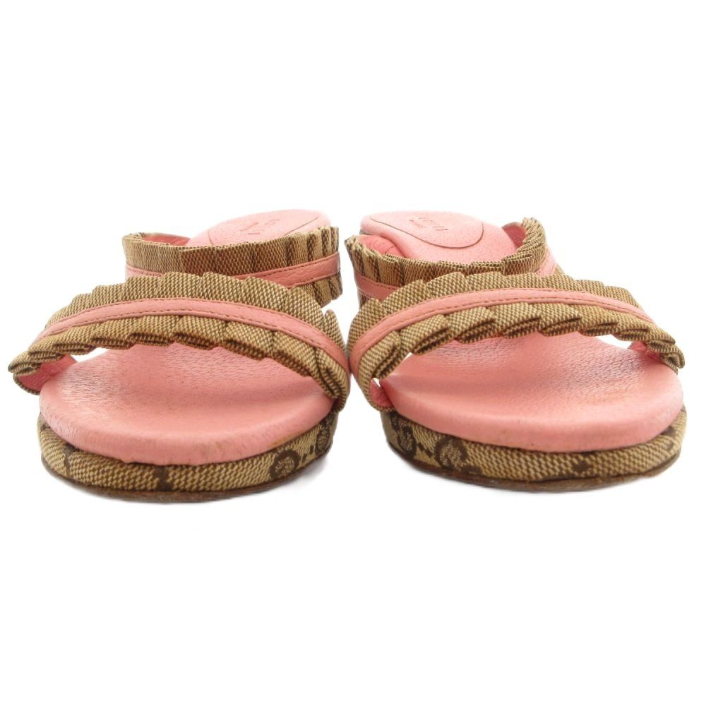 Gucci Sandals GG Pattern Ruffles Canvas Leather Pink Beige Heels — view 4