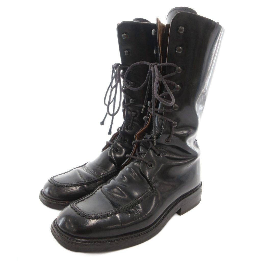 Gucci Long Boots Shoes Lace-up Square Toe Chip Leather Black 6