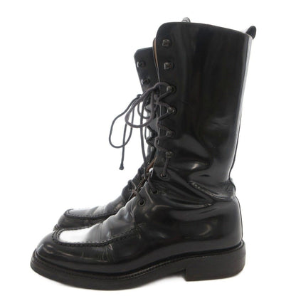 Gucci Long Boots Shoes Lace-up Square Toe Chip Leather Black 6 — view 2