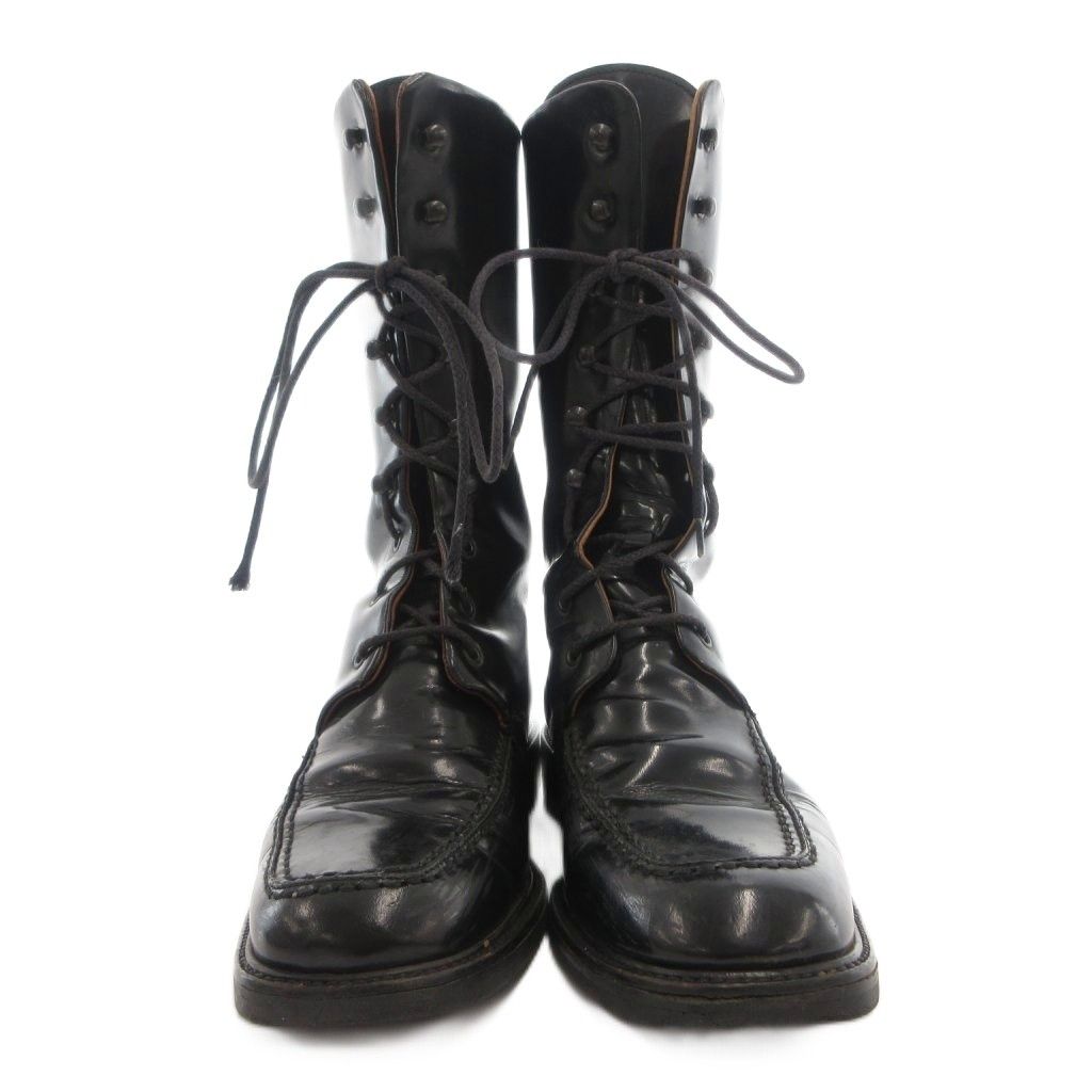 Gucci Long Boots Shoes Lace-up Square Toe Chip Leather Black 6 — view 3
