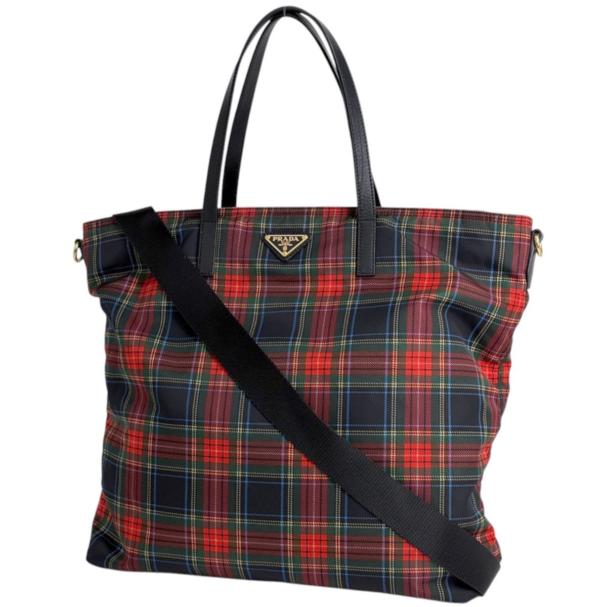 Prada Tote Plaid 2-Way Nylon Red Nero