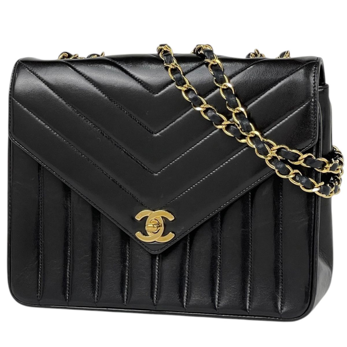 Chanel Shoulder Bag CC Logo V-stitch Mademoiselle Chevron Leather Black