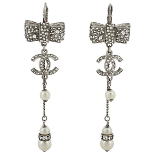 Chanel Earrings CC Logo Swing Faux Pearl Silver Plated
