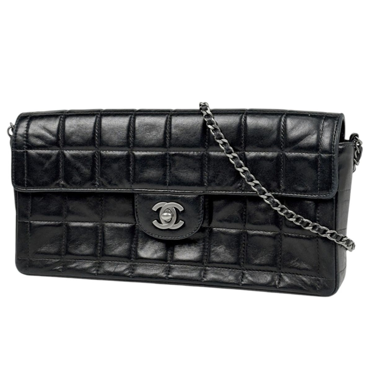 Chanel Shoulder Bag CC Logo Choco Bar Leather Black