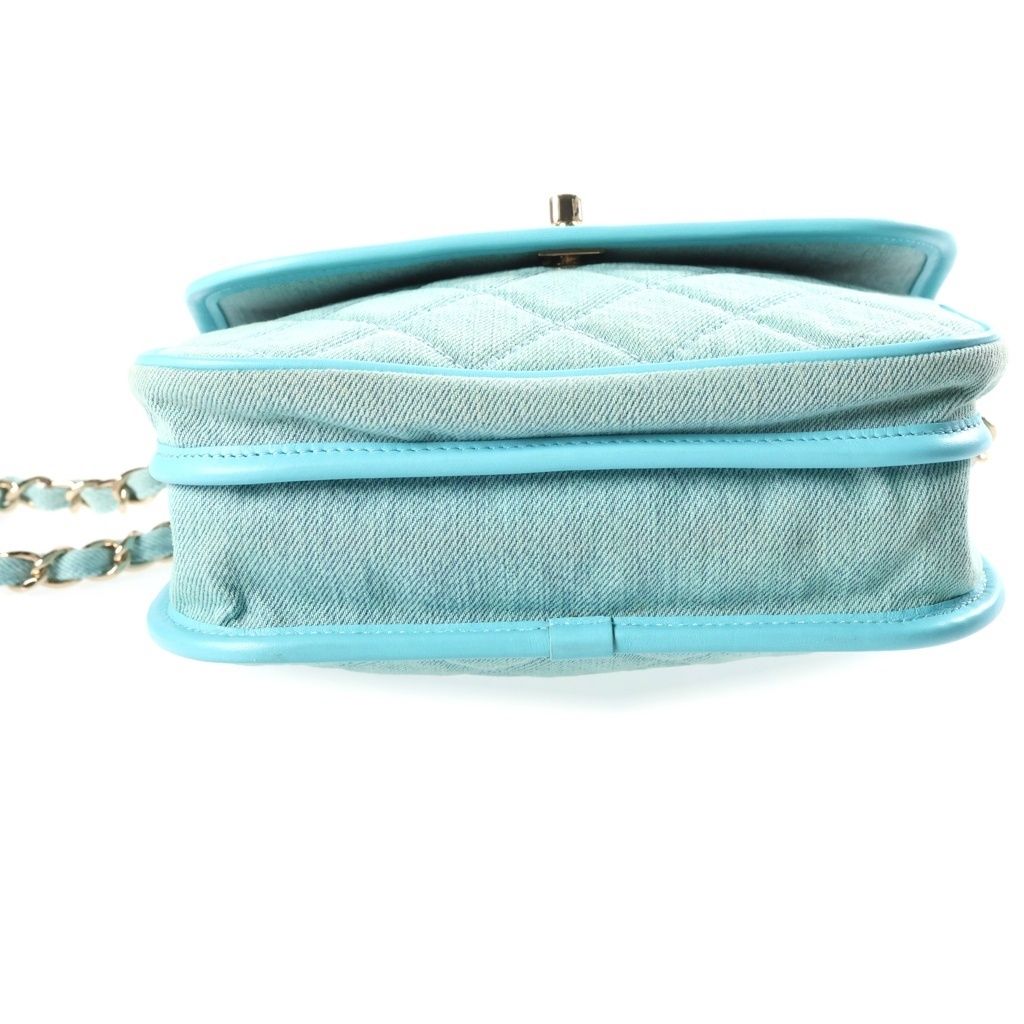 Chanel CC Logo Quilted Chain Shoulder Bag Light Blue Canvas Leather Gold — view 4