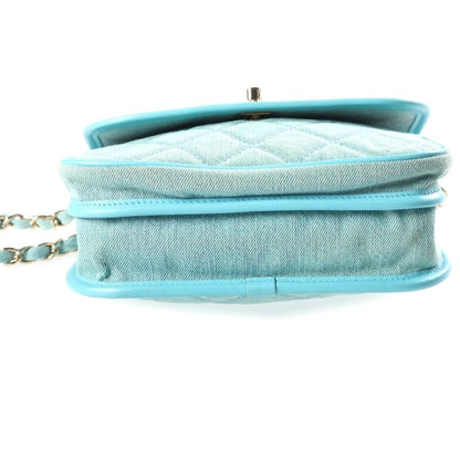 Chanel CC Logo Quilted Chain Shoulder Bag Light Blue Canvas Leather Gold — view 4