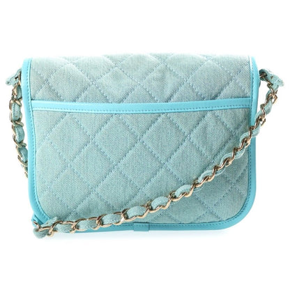 Chanel CC Logo Quilted Chain Shoulder Bag Light Blue Canvas Leather Gold — view 2