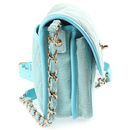 Chanel CC Logo Quilted Chain Shoulder Bag Light Blue Canvas Leather Gold — view 3