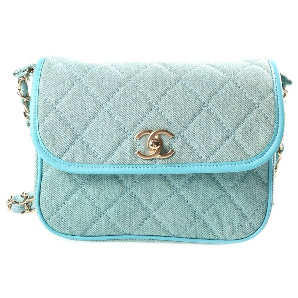 Chanel CC Logo Quilted Chain Shoulder Bag Light Blue Canvas Leather Gold