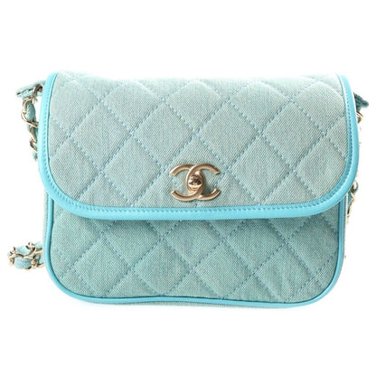 Chanel CC Logo Quilted Chain Shoulder Bag Light Blue Canvas Leather Gold