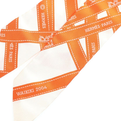 Hermes Twilly Ribbon Pattern Silk Scarf Orange White — view 4