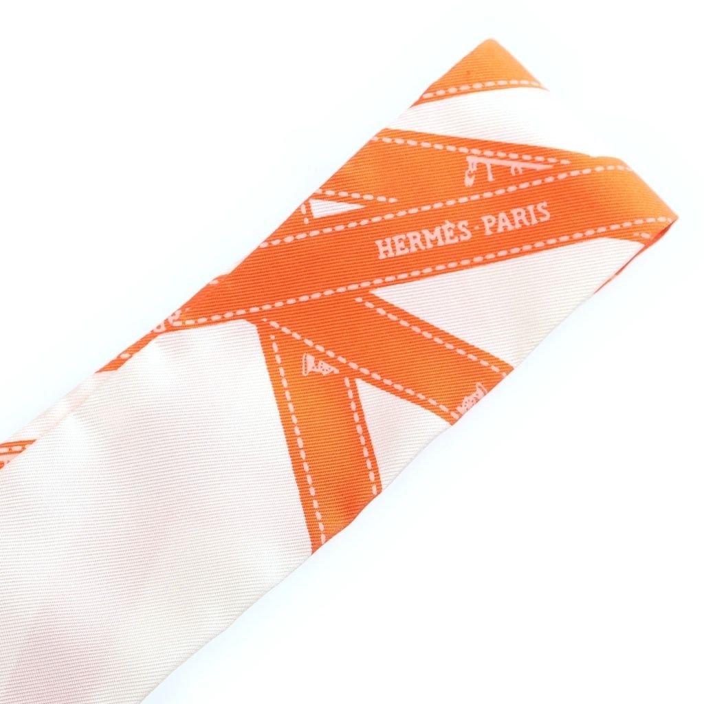 Hermes Twilly Ribbon Pattern Silk Scarf Orange White — view 3