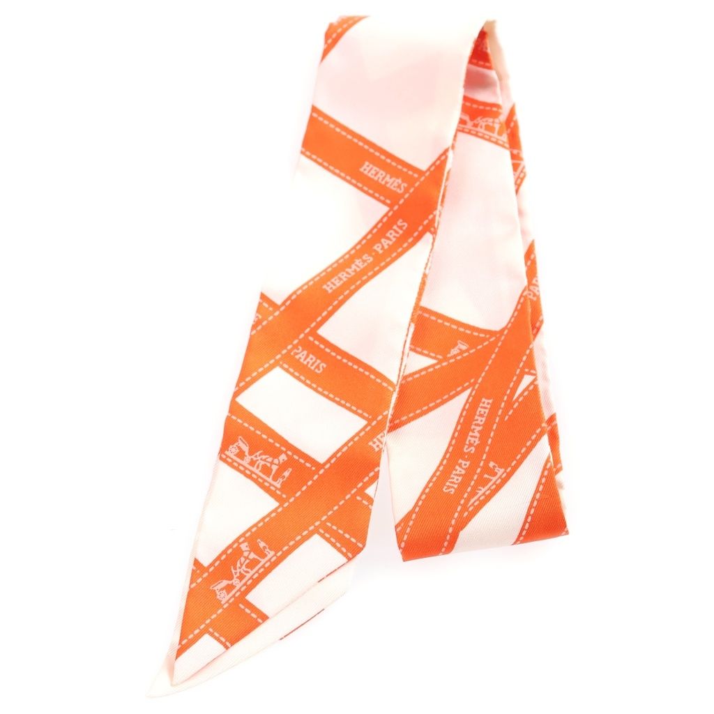 Hermes Twilly Ribbon Pattern Silk Scarf Orange White