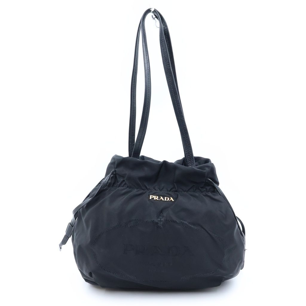 Prada Logo Jaguar Tote Drawstring Nylon Leather Black
