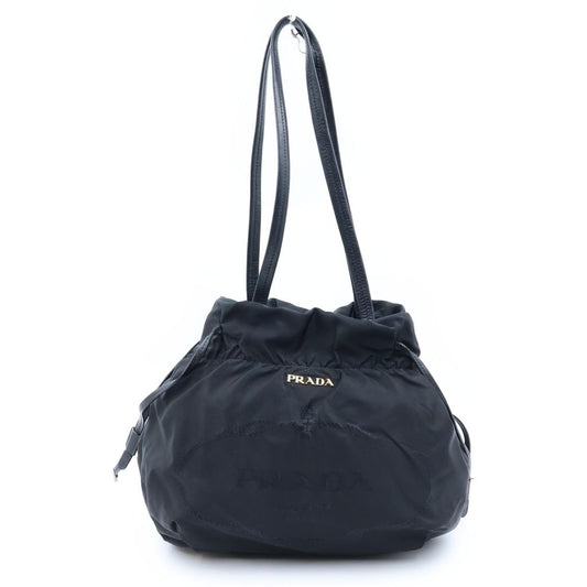 Prada Logo Jaguar Tote Drawstring Nylon Leather Black