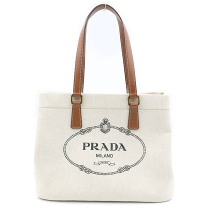 Prada Tote Logo Canvas Leather White Brown