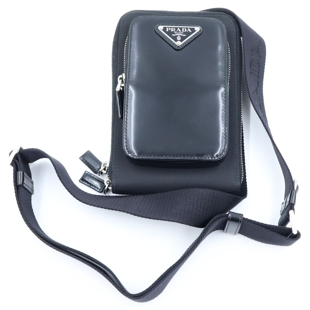 Prada Phone Case Shorder Re-Nylon Logo Triangle Plate Leather Shoulder Bag Black