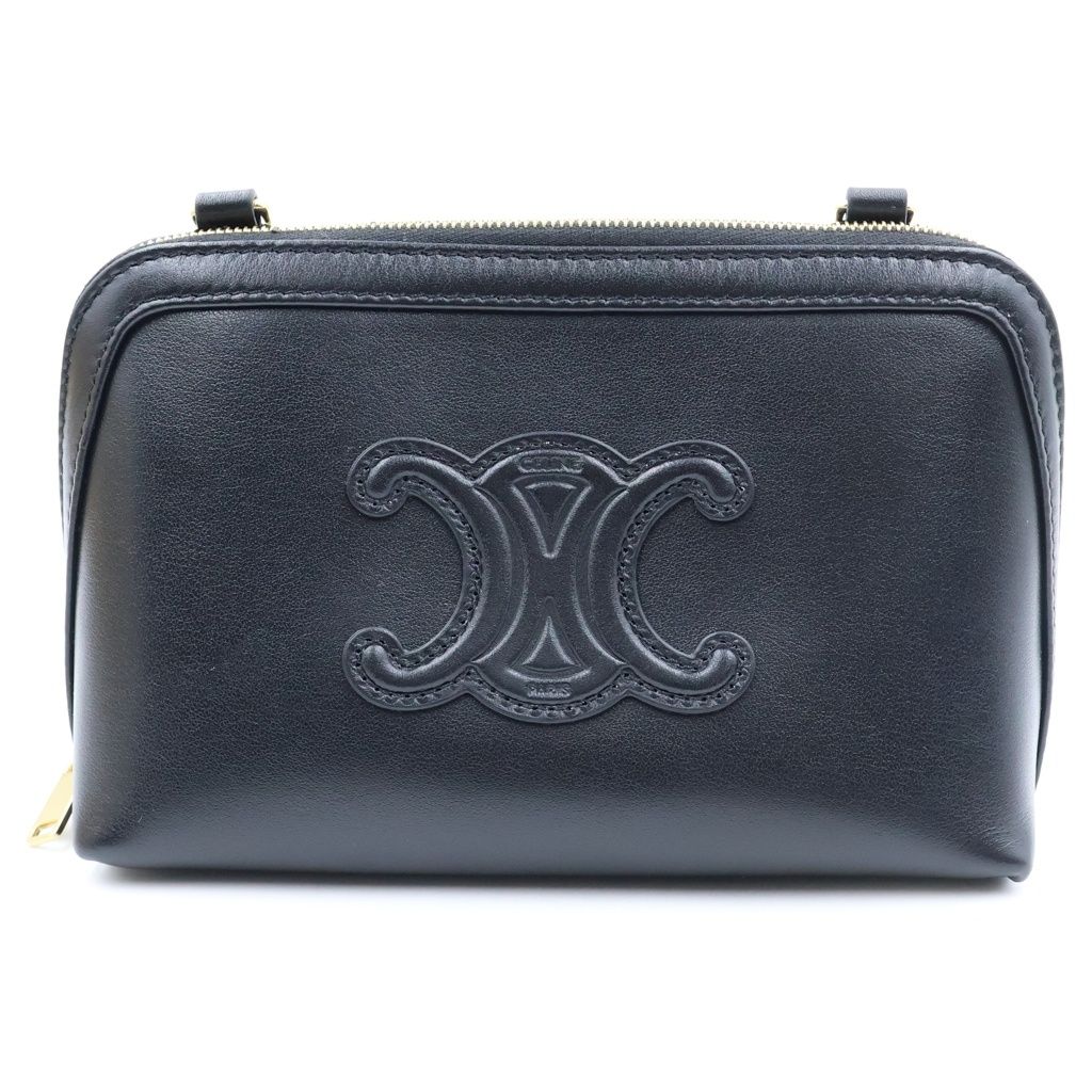 Celine Chain Shoulder Bag Clutch Triomphe Cuir Leather Black