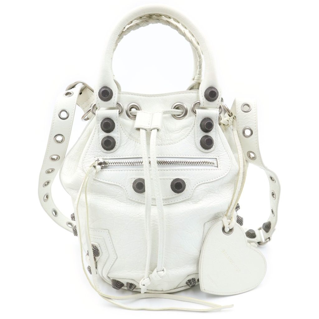 Balenciaga Le Cagole Bucket 2-Way Shoulder Bag White Leather S Silver