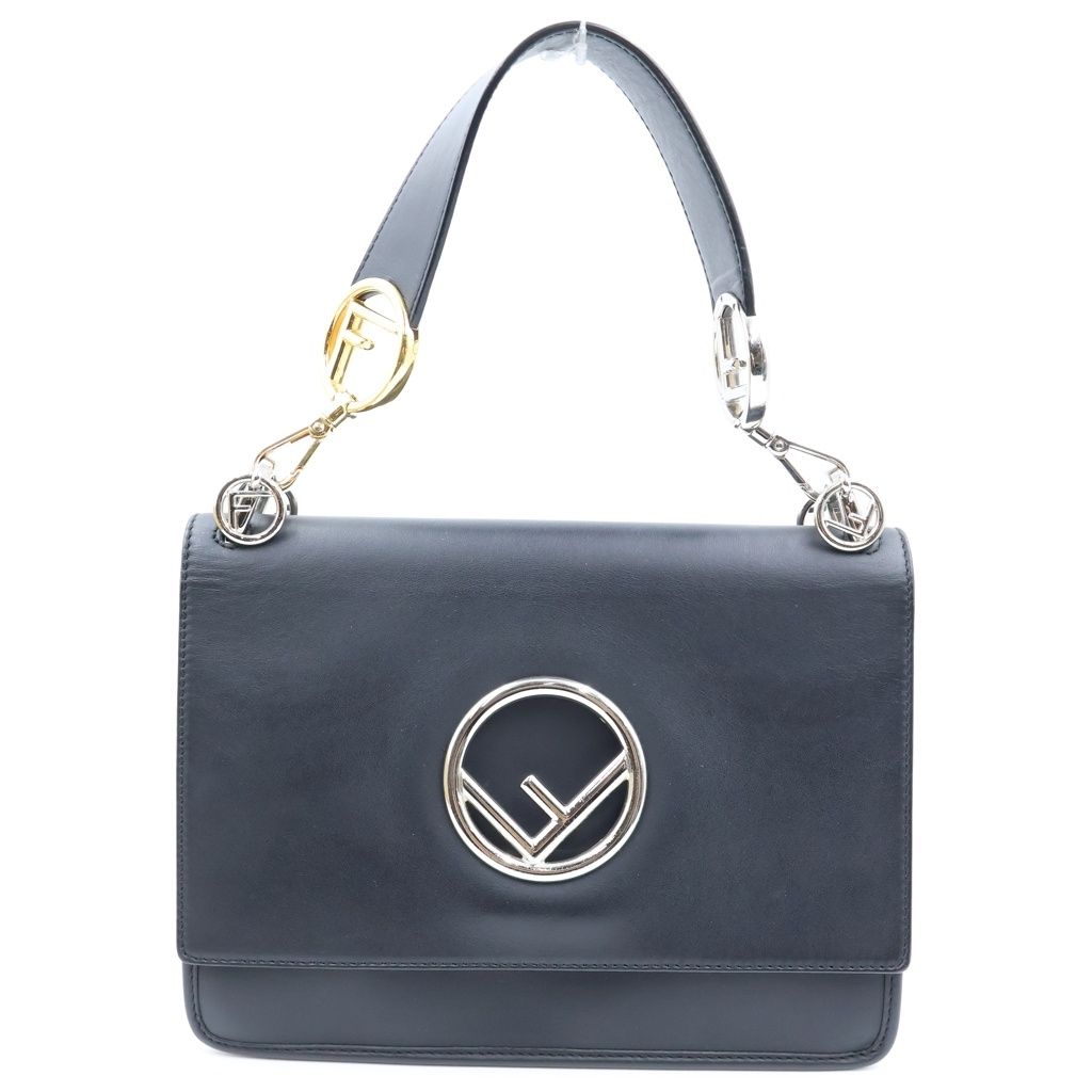 Fendi Canayef 2-Way Shoulder Bag Black Leather Gold Silver