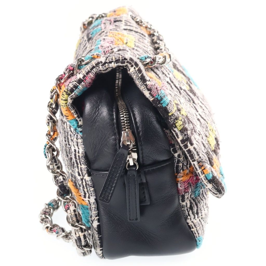 Chanel Quilted CC Logo Double Flap Chain Tweed Shoulder Bag Multicolor Leather — view 3