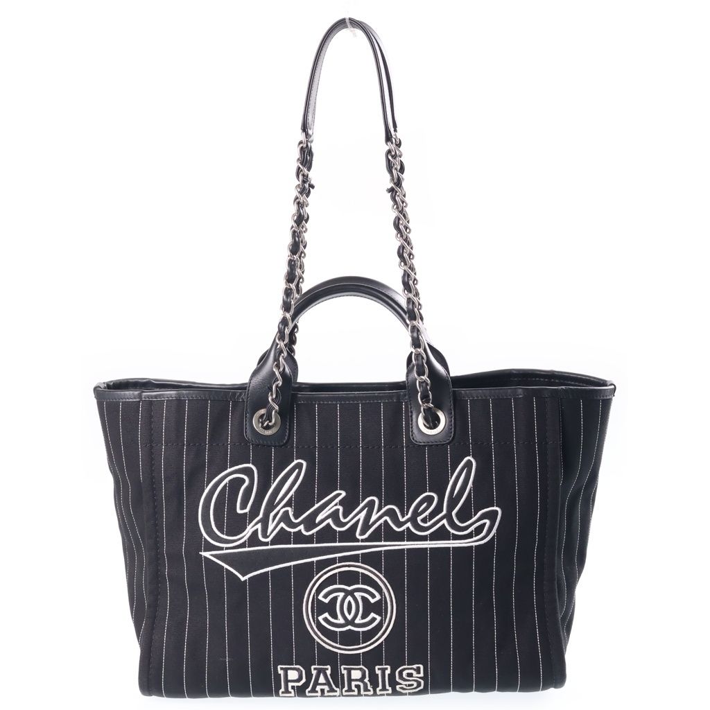 Chanel Deauville GM Tote Black Canvas Leather Silver