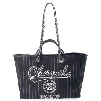 Chanel Deauville GM Tote Black Canvas Leather Silver