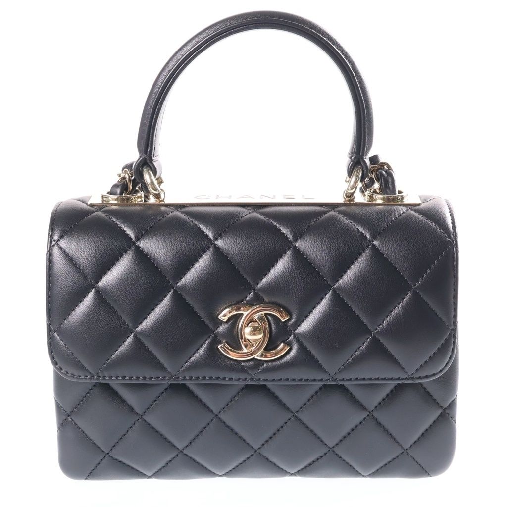 Chanel Quilted Top Handle Trendy CC 2-Way Chain Shoulder Bag Black Leather Gold