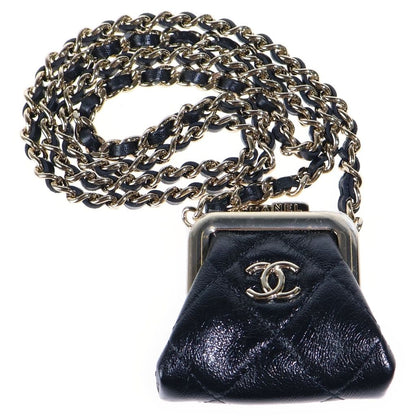 Chanel Quilted Kiss Lock Chain Wallet Pouch Black Lambskin Gold